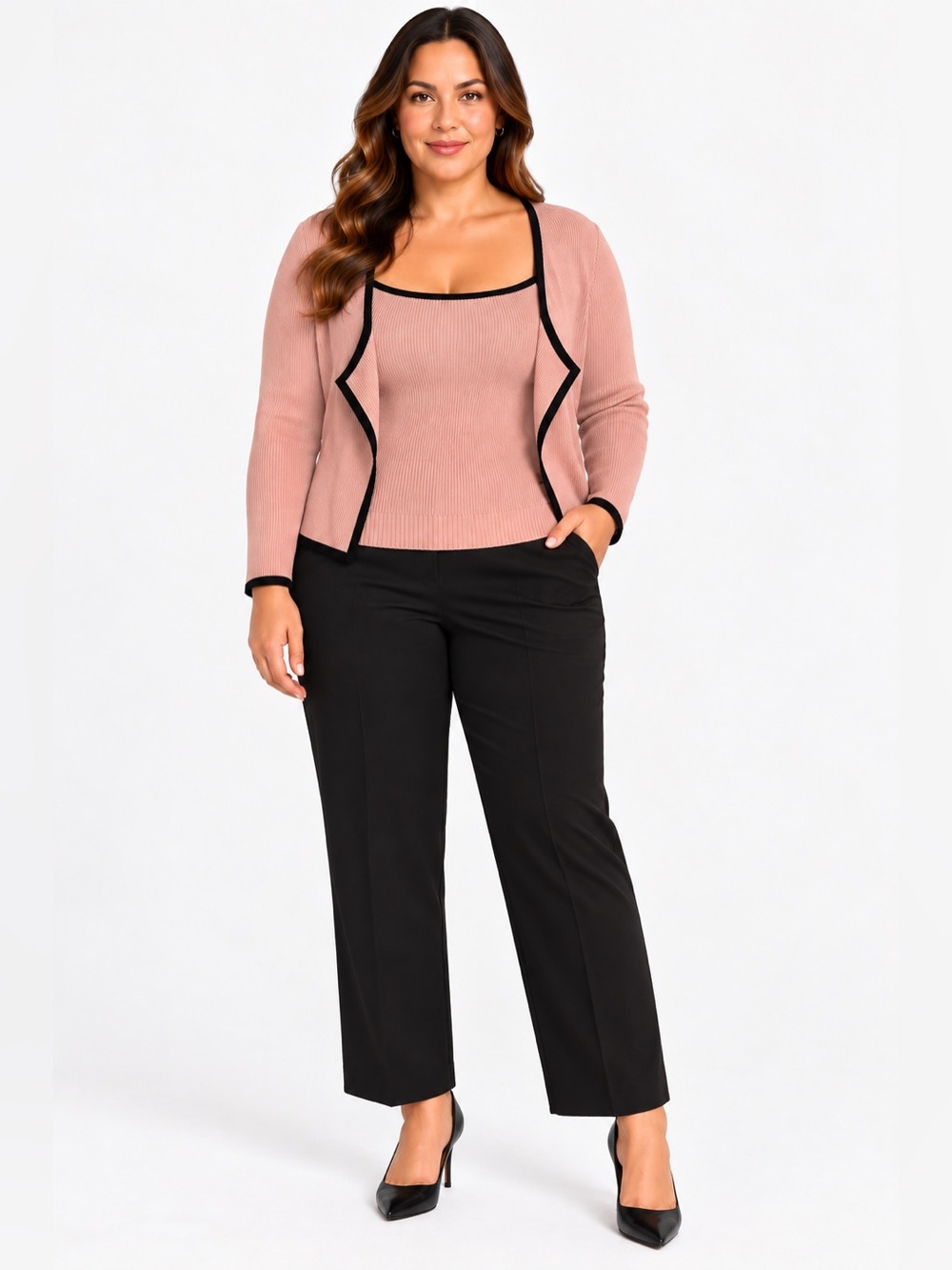 Cider Knit Round Neckline Contrasting Binding Cardigan & Cami Top
